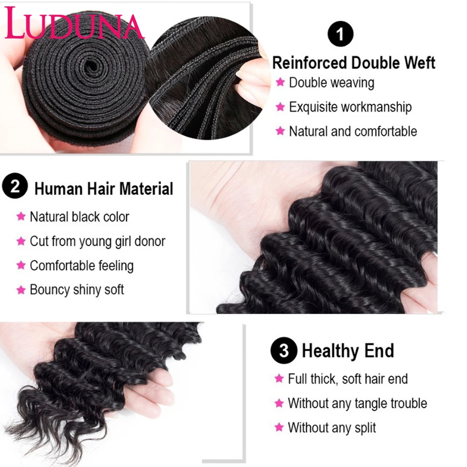 Лудуна Индийская волнистая прядь 4 натуральных волоса, супер двойного рисунка, расширение Реми, естественный черный цвет.