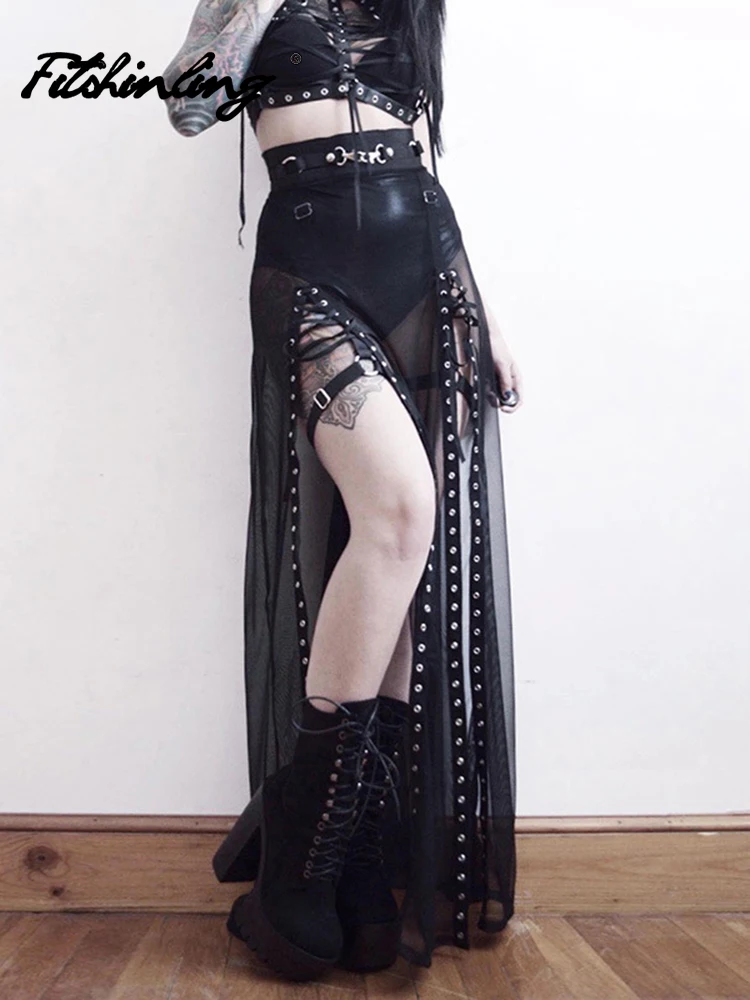 

Fitshinling Gonna Lunga Goth Mesh Perspective Side Slit Skirt Lace Up Dark Punk Gothic Faldas Feminino Thin Summer Aesthetical