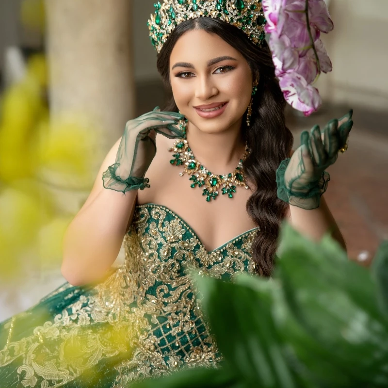 Зеленое блестящее платье Quinceanera бальное золотая кружевная аппликация тюль с