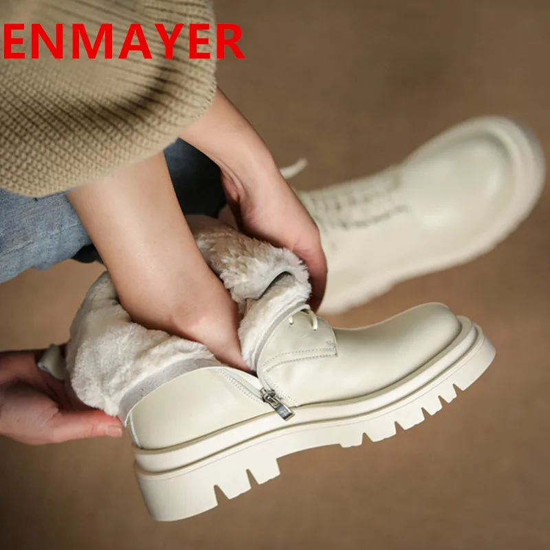 

Уличные Теплые повседневные женские ботильоны ENMAYLA, осенне-зимние модные меховые зимние ботинки из искусственной шерсти