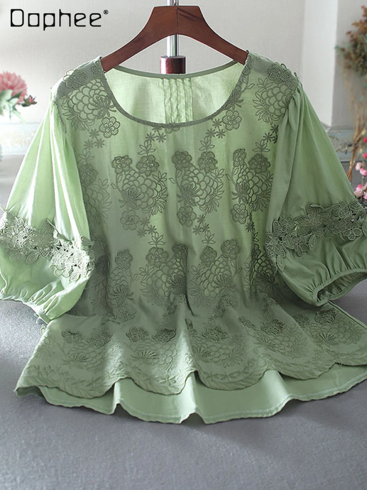 

Women's Clothing Summer 2022 Summer Loose Embroidery Short Lantern Sleeve Cotton Slimming Blouses Temperament Shirt Top Ladies