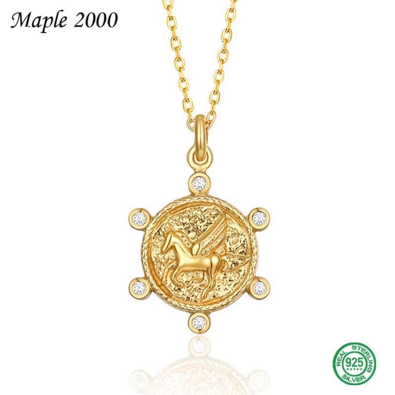 

Simple S925 Sterling Silver Golden Unicorn Round Pendant Necklace for Women Delicate Clavicle Chain Fashion Jewelry Party Gift