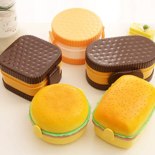 

New Cute Hamburger Double Tier Lunch Box Burger Box Bento Lunchbox Children School Food Container Tableware Set with Fork Kids