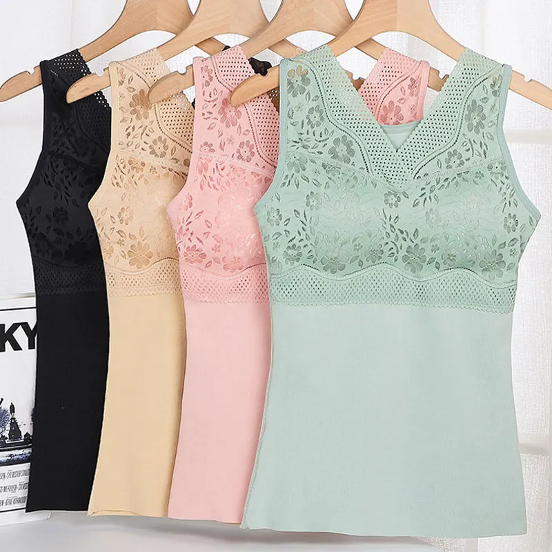 

Thermal Underwear Women Sleeveless Tank Tops Winter Warm Lace Padded Tank Top Built In Bra Seamless Female Undershirt Vest Tops