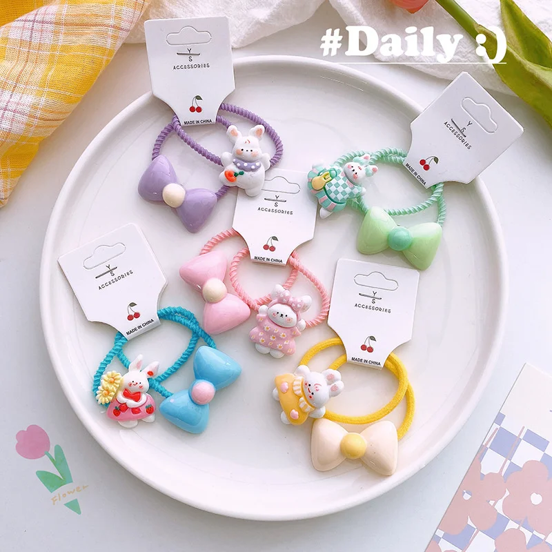 

2PCS Set Color Cartoon Plastic Rabbit Bunny Bow Small Elastic Hair Band For Girl Children Cute Kawaii Fairy Braid Rubber Ties