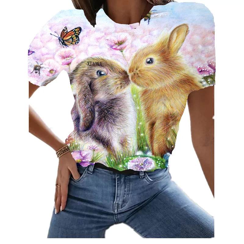 

Summer Women's Clothing Tops Pastoral Rabbit Print T-shirt Regular Short Sleeve T-Shirt Animal Harajuku O-neck Women's T-shirt