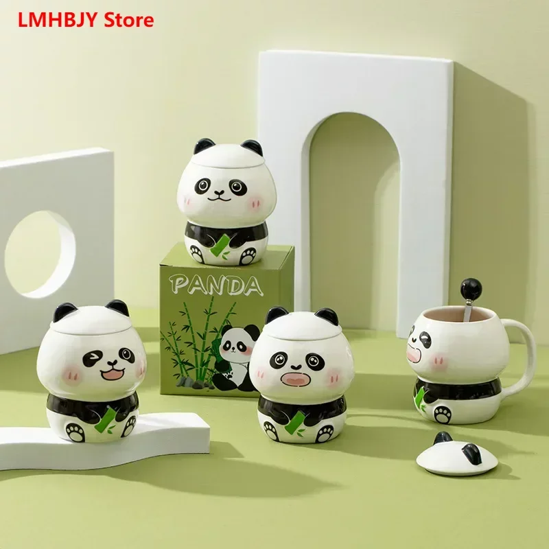 

LMHBJY Cartoon Embossed Panda Mug High Beauty Cute Ceramic Cup with Lid Spoon Female Couple Office Coffee Cup
