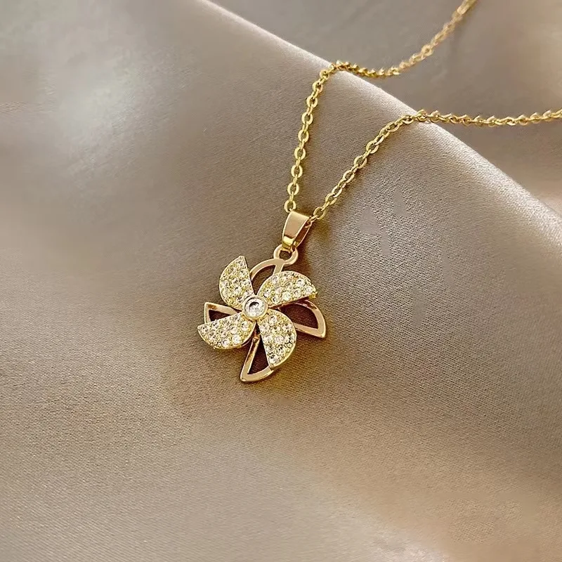 

Fashion Rotatable Windmill Crystal Pendant Necklace for Women Gold Colour Clavicle Chain Wedding Statement Friends Jewelry Gift