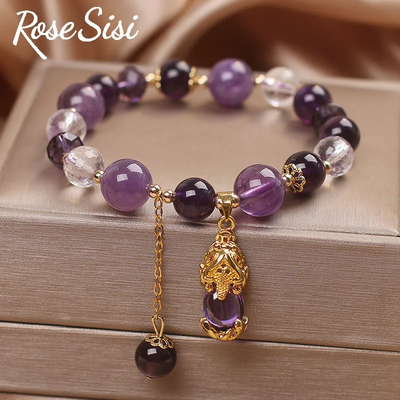 

Rose sisi Amethyst bracelet Strawberry crystal bracelet for women purse Peace buckle fox pendant hand ornament lady jewelry gift