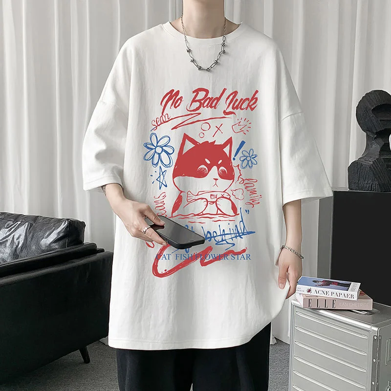 HybSkr-Camiseta con estampado de gato rojo para hombre, camiseta Harajuku de manga corta de gran tamaño, Tops japoneses Unisex de algodón