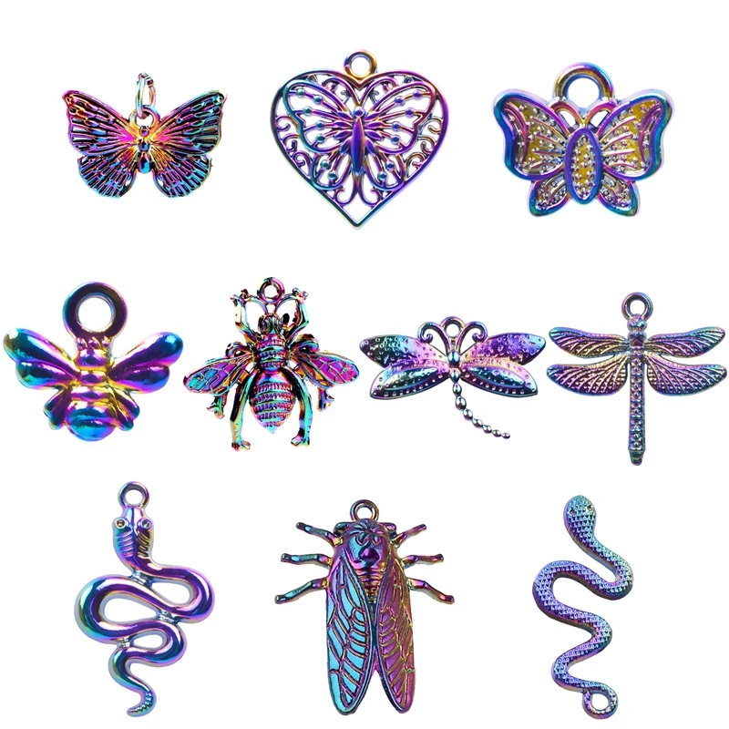 

10pcs/Set Mix Rainbow Color Bee Dragonfly Heart Cutout Butterfly Cicada Snake Cricket Charms Alloy Pendant For Jewelry Making