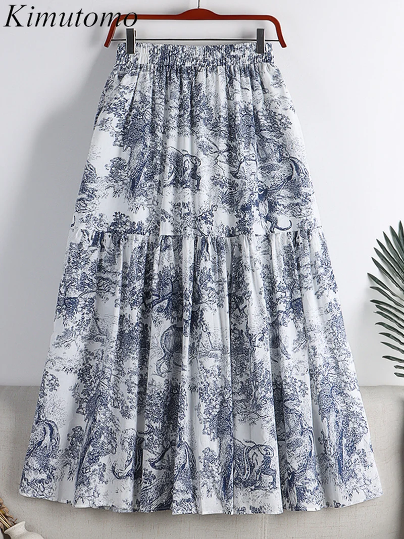 

Длинная женская юбка Kimutomo, со складками, винтажная, с высокой эластичной талией