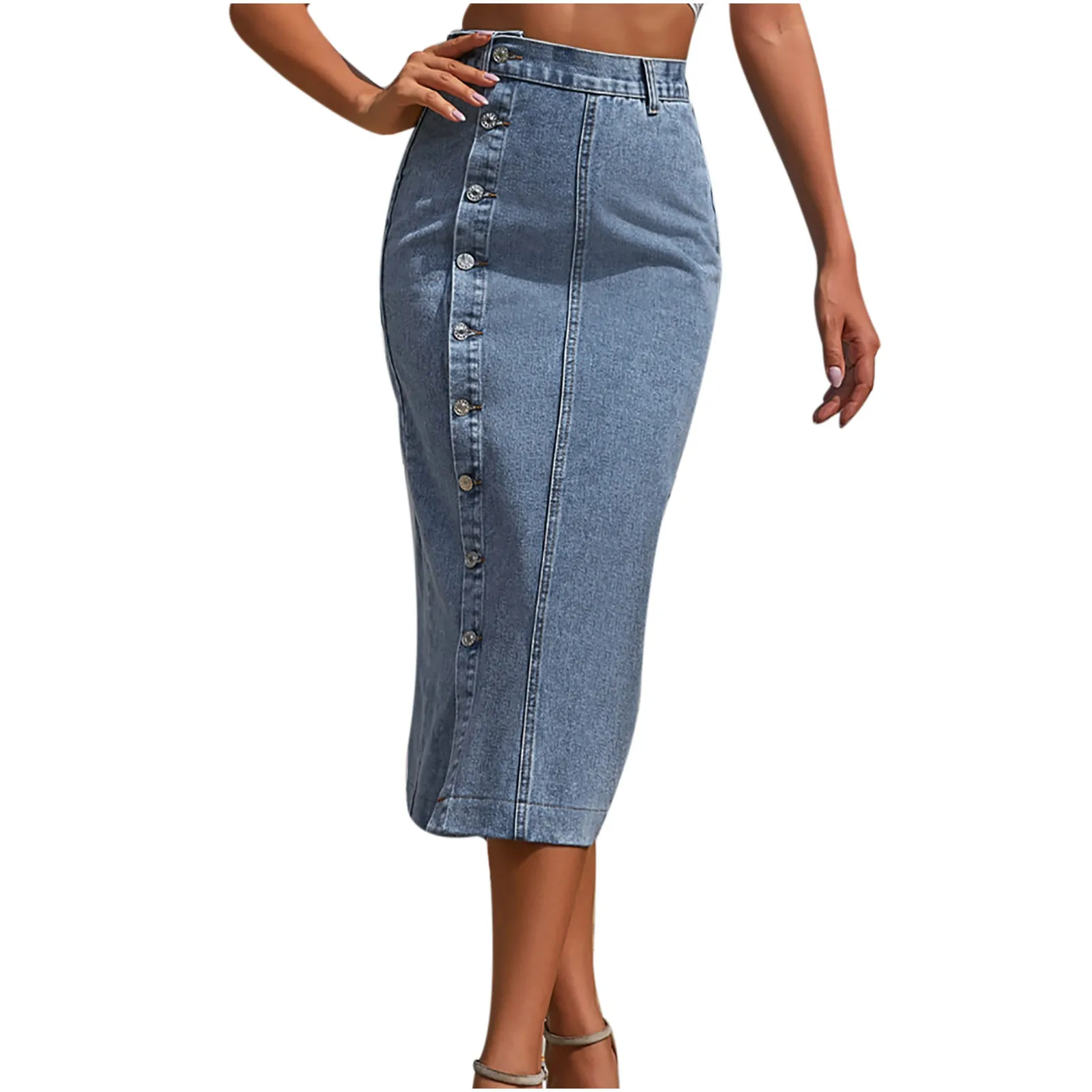 

Retro Waist Denim Skirt Button Denim Irregular High Women's Long Split Skirt