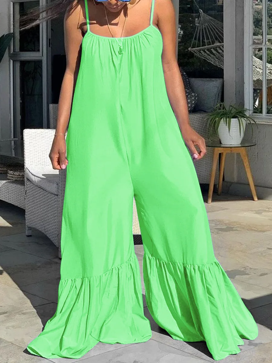 2023 Loose Jumpsuits Women Blue Spaghetti Strap Flare Pants Oversized Boho Fashion High Street Wear Long Jumpsuits Indie Bodycon