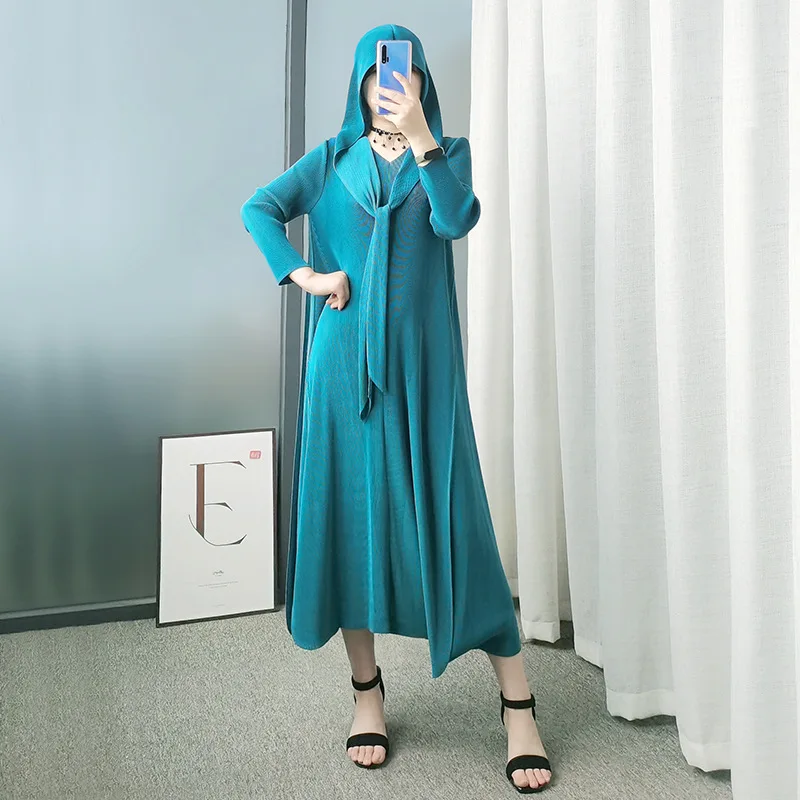 Miyake pleated hooded casual slim dress a-line midi skirt spring and summer oversized