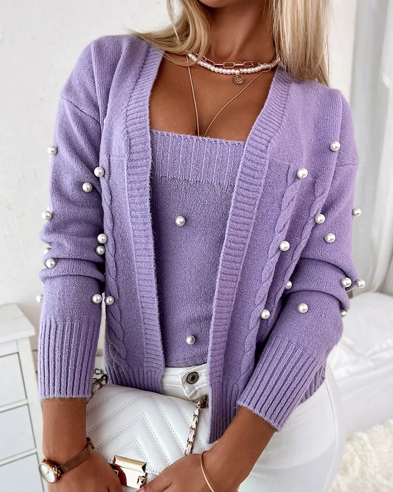 

Women 2pcs Clothes Suit Beaded Tank Top With Long Sleeve Cardigan Solid Color Knitwear
