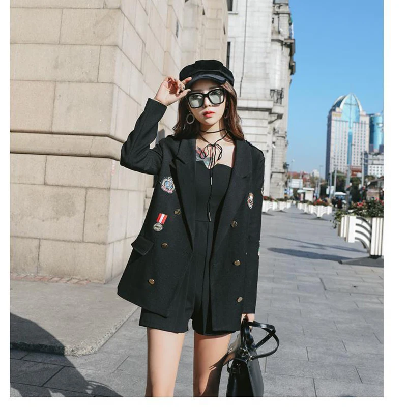 

Женские повседневные куртки в английском стиле, свободные черные двубортные блейзеры, женская одежда с вышивкой, Корейская верхняя одежда, ...