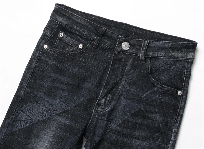 Men's Colorful Graffiti Printed Jeans Y2K Colorful Slim Fit Tapered Elastic Casual Pants Fashion Street Clothing Small Foot Pant