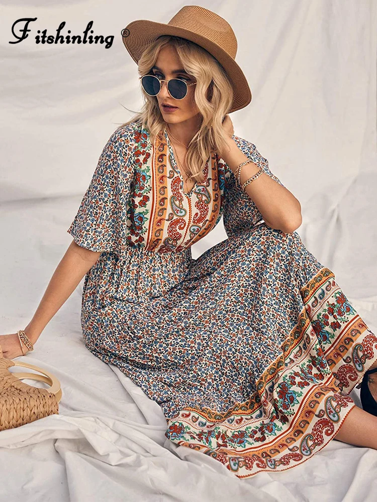 

Fitshinling Print Floral Long Beach Dress Women Flare Sleeve Slim Summer Pareo Maxi Dresses Holiday Bohemian Beachwear Cover-Ups