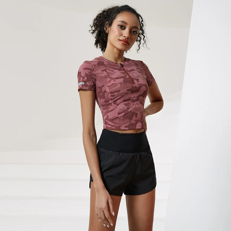 High Quality Women Short Sleeve 1/4 Zip Yoga Shirt Top Workout Gym Sweatshirt Sport Quick Dry Mesh Nylon Spandex Running T Shirt