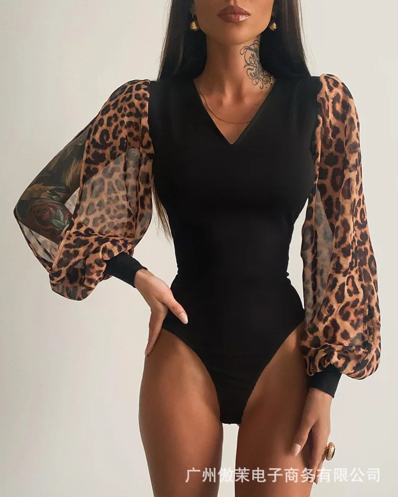 

2022 Women's New Leopard Print Stitched Bodysuit Summer Sexy Deep V Neck Lantern Long Sleeve Black Jumpsuit Tops