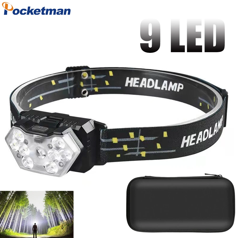 

New 9 LED Headlamp Waterproof Headlight Portable AAA Batteries Powered Super Bright Headlamps Head Front Light Head Torch