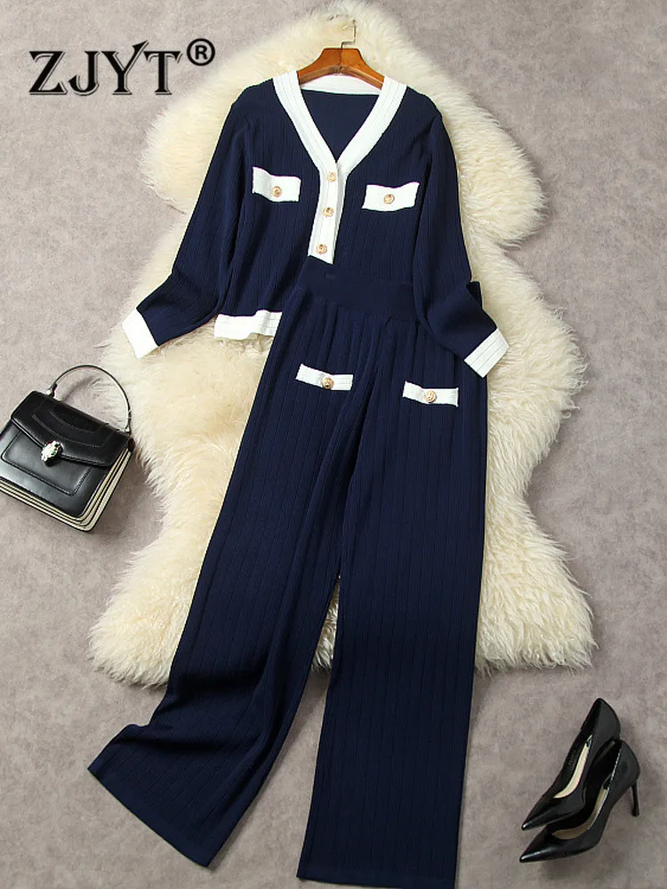 

ZJYT Autumn Winter Color Block Cardigan Sweater Pants Set Knitted Suits Two Pieces for Wome Vintage Outfits Casual Blue Trousers