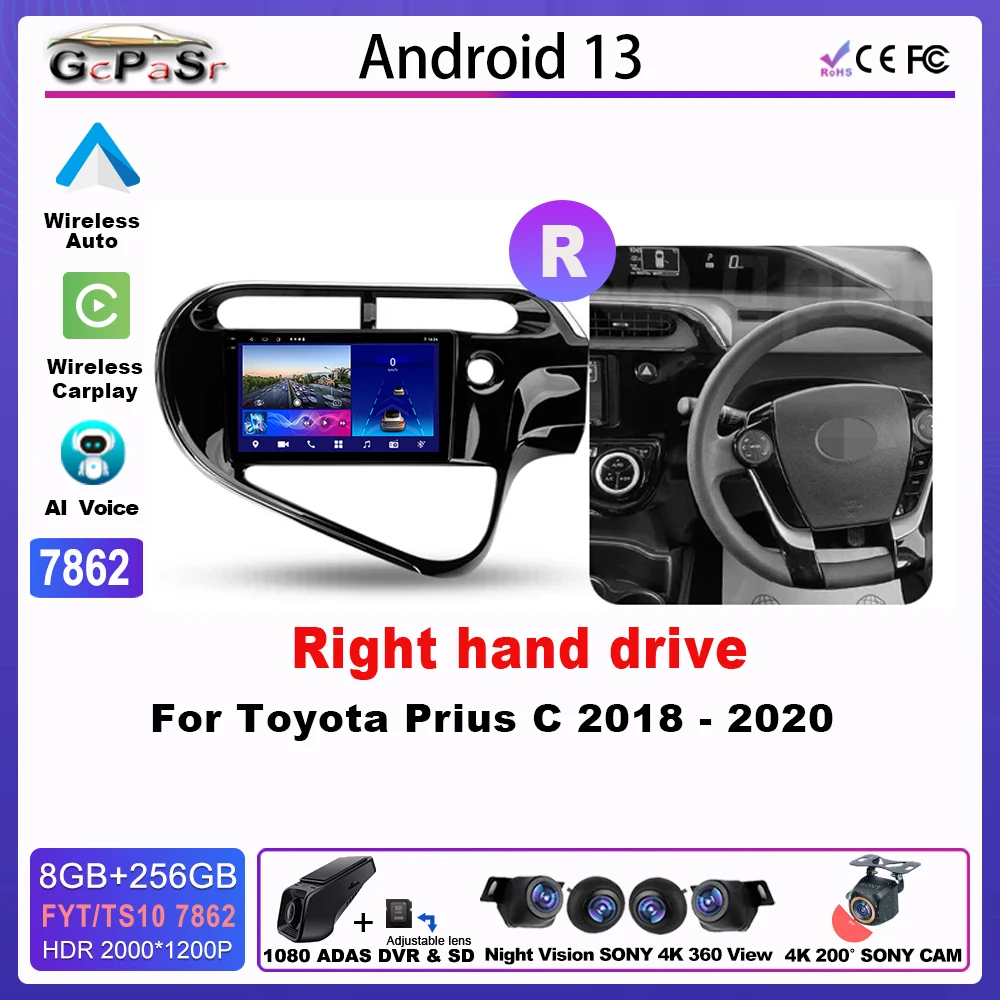 

Радио Android для TOYOTA PRIUS C 2018 - 2020 мультимедиа 9 дюймовый CarPlay автомобильный экран адаптер Автомобильная камера 5G Wifi DSP навигация