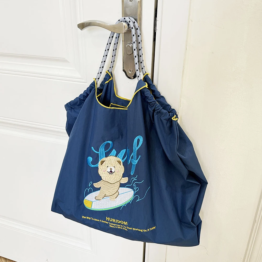 Cartoon Embroidery Eco Bag Bear Designer Women Shoulder Bag Rope Handle Shopper Purses and Handbags Nylon Tote Bags for Women