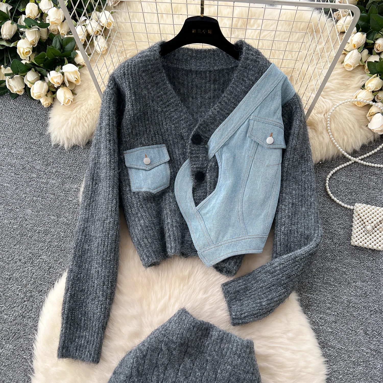 Женские лоскутные комплекты джинсовой одежды топы на пуговицах с v-образным