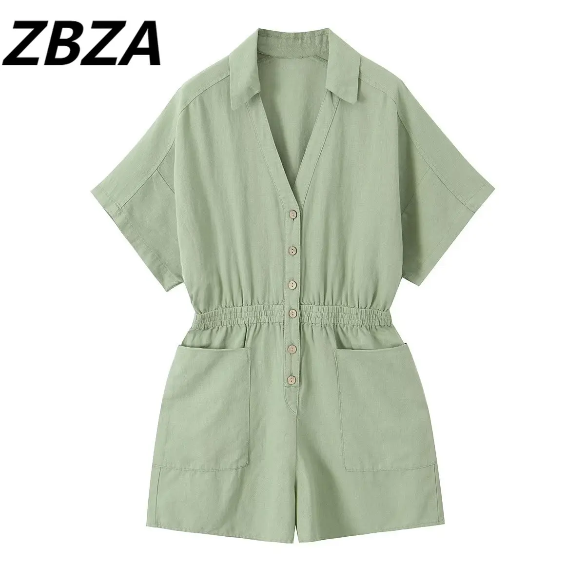 

ZBZA Women 2023 New Chic Fashion Summer Vintage Short Sleeve Linen Blended Striped Short Paragraph Jumpsuits Female