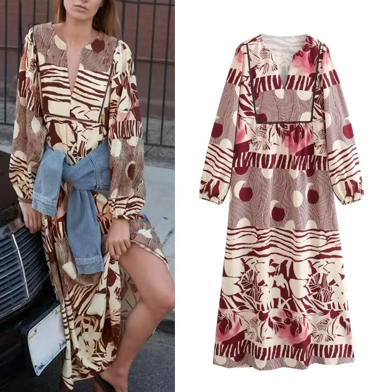 

TRAF Female Casual Long Sleeve Print Dress 2023 Summer Vintage V-neck Loose Midi Dresses Womens Fashion Straight Robe Dresses