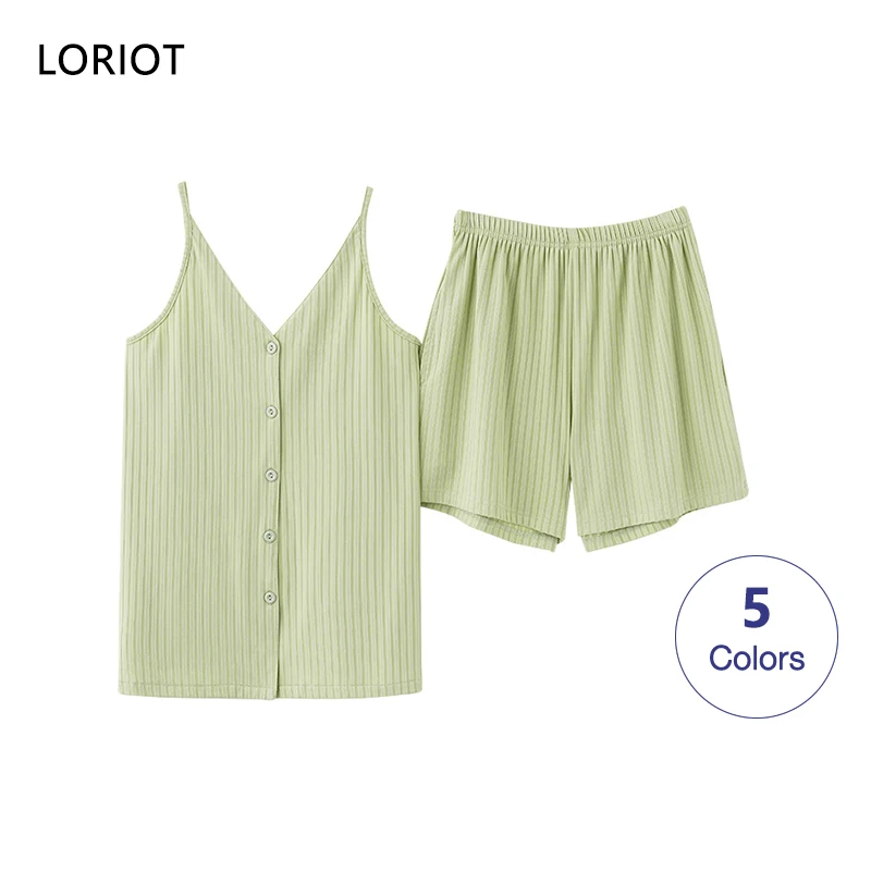 

LORIOT Ribbed Pajama Set For Women Pyjama Nightwear Sleepwear Sleeveless Cute Sexy Casual Korean SA1309