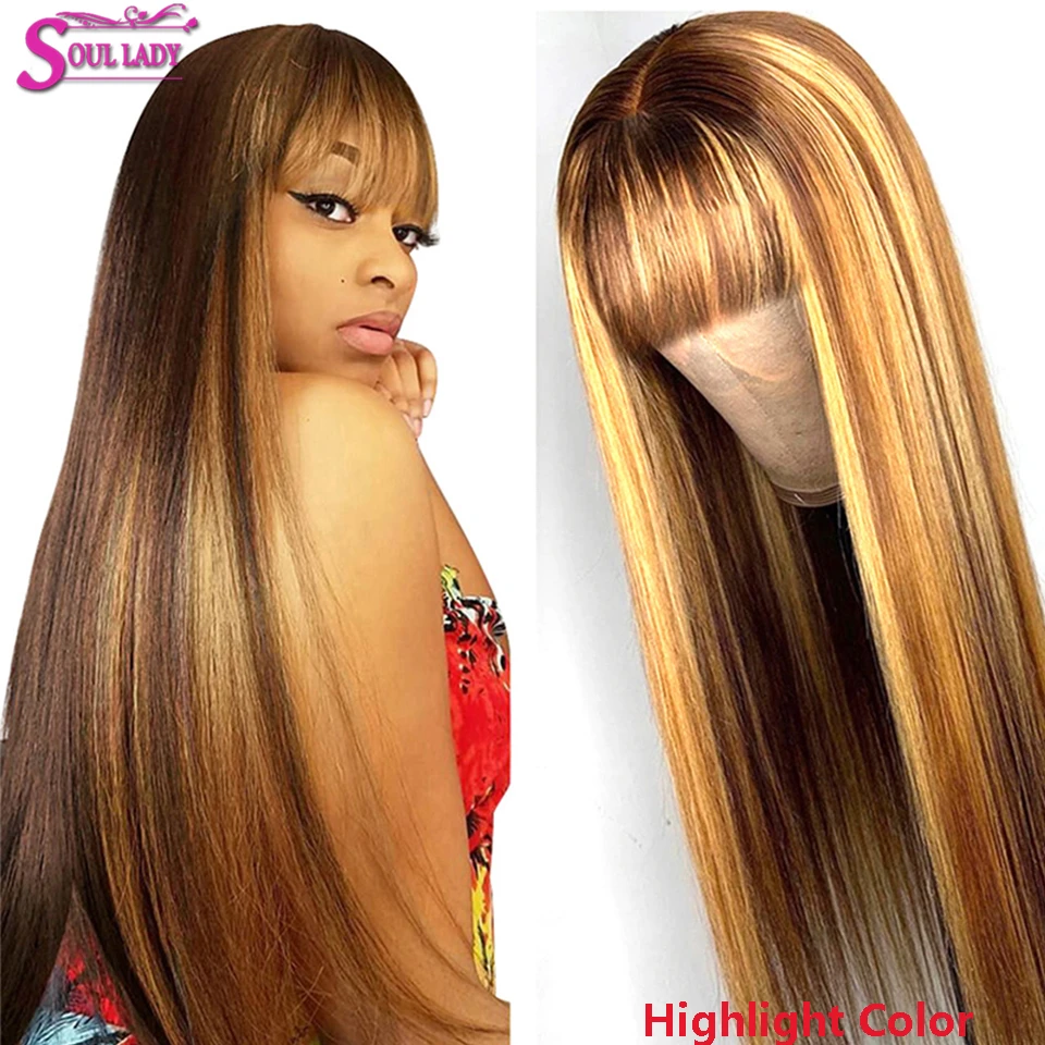 Straight Wig With Bangs Brazilian Highlight Wig Human Hair Fringe Wig Full Machine Made Ombre Colored Human Hair Wigs With Bangs