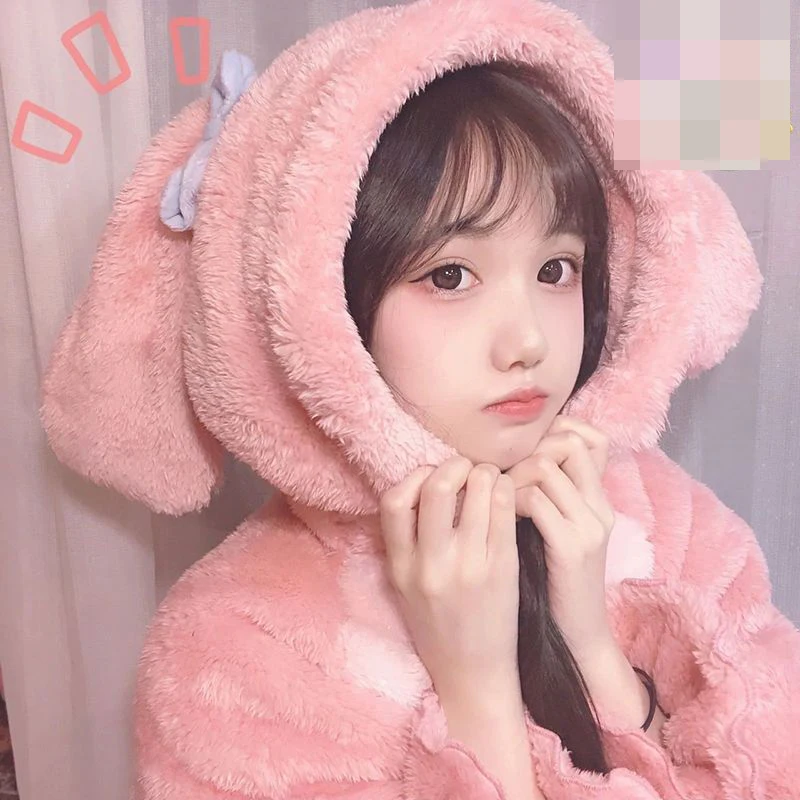 Winter Flannel Kawaii Robes Coral Fleece Pajamas Thick Warm Cute Pijamas Women Home Wear Pink Sweet Hooded Nightgowns Nightwear