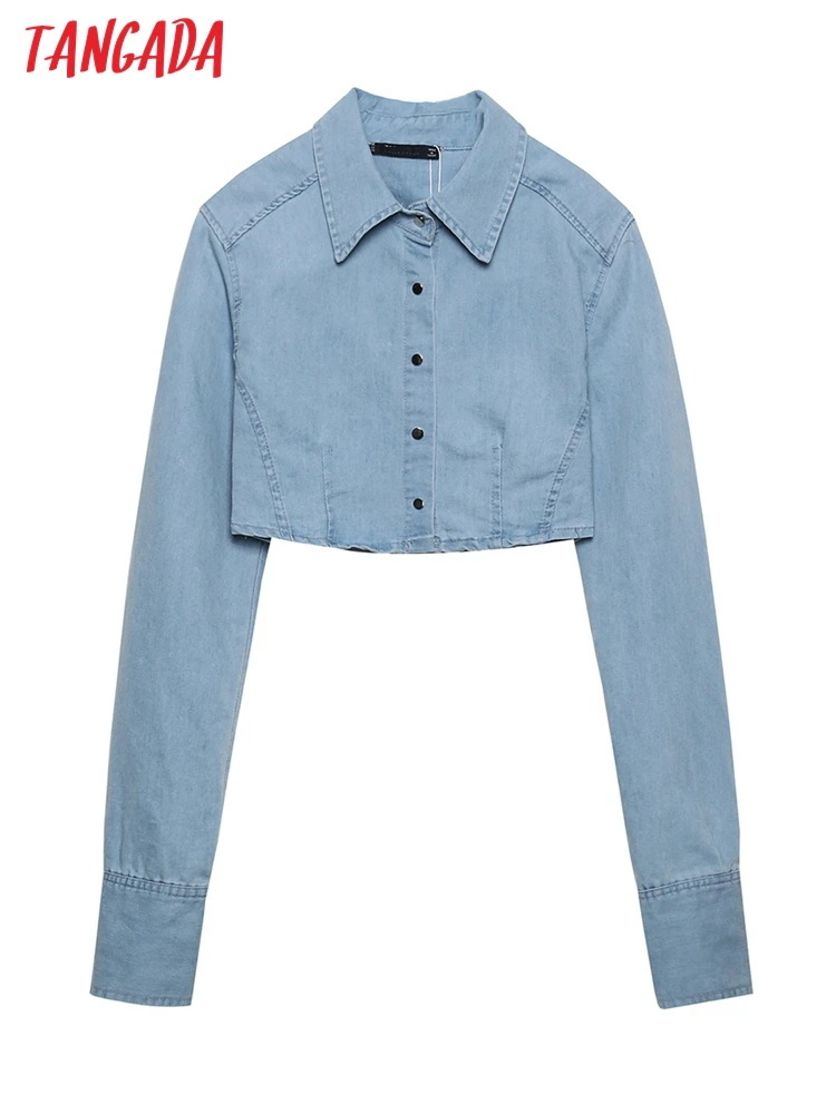 

Tangada women retro blue denim shirt shoulder pad long sleeve chic female short blouse shirt tops 6H20