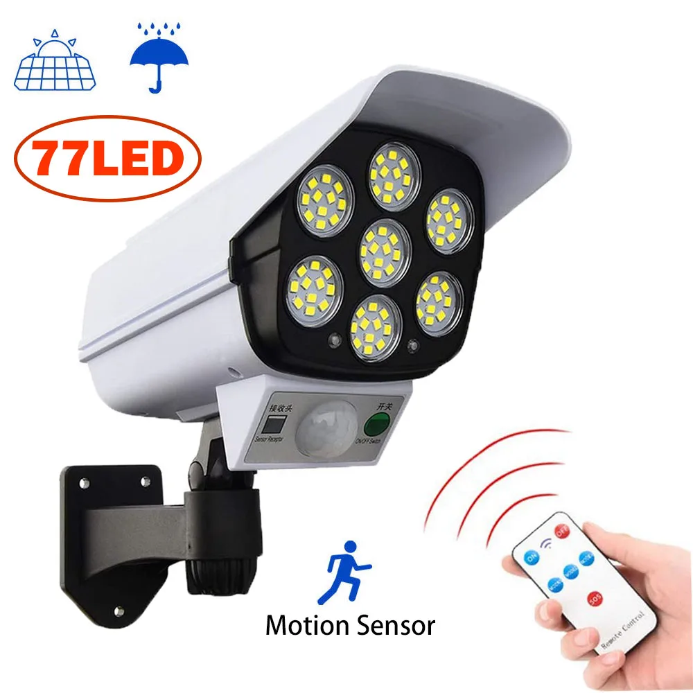 Solar Wall Lamp Motion Sensor Wireless Security Dummy Camera 77 LED Outdoor Flood Light Waterproof Light 3 Modes For Yard Garage