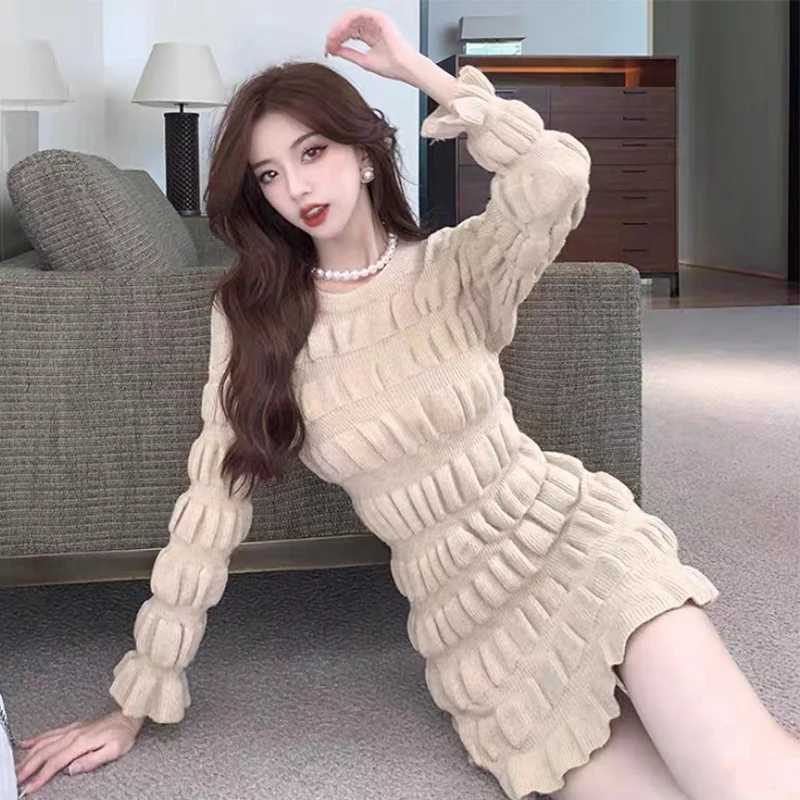 

Women christmas dress wool sweater dress fashion Checked stripe Puff Sleeve knitting Mini Dress Loose autumn and winter new