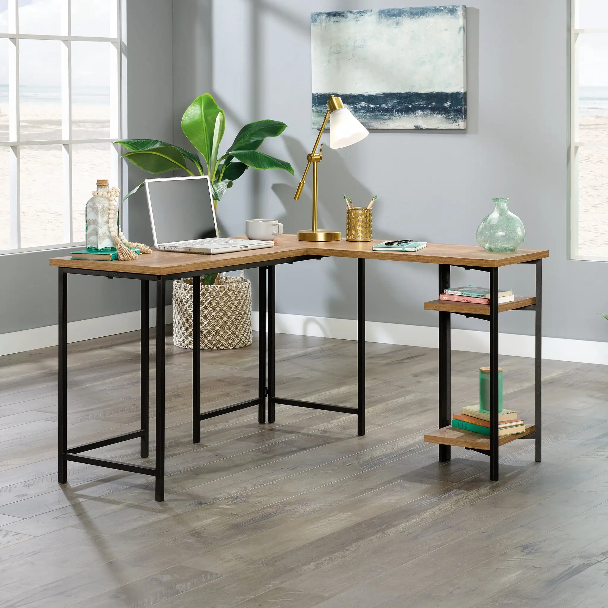 

Curiod Open Shelf Wood and Metal L-Shaped Desk, Sindoori Mango Finish