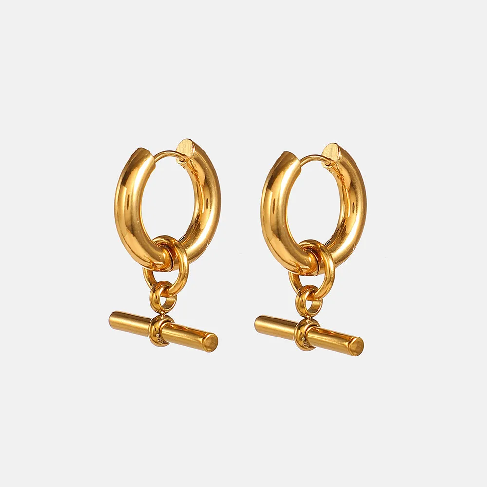 

2023 Gold Plated Stainless Steel T-stick Pendant Earrings For Ladies Women Grils Metal Dangle Hoop Earring Waterproof Jewelry