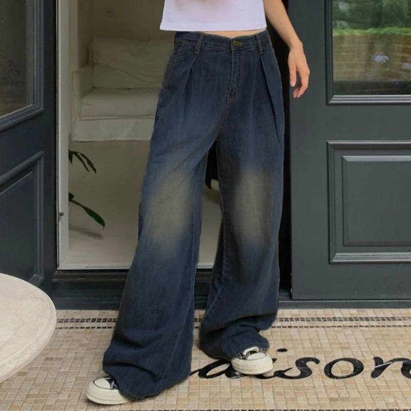 WeiYao Korean Fashion Baggy Jeans For Women Blue Simpe Casual Low Waist Straight Leg Denim Pants Washed Vintage 90s Streetwear