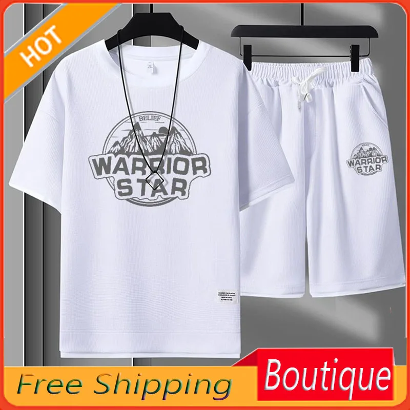 Summer New T-shirt Men's Short Sleeve Waffle Korean Style Loose Youth Handsome Shorts Casual Two-Piece Suit Fashion
