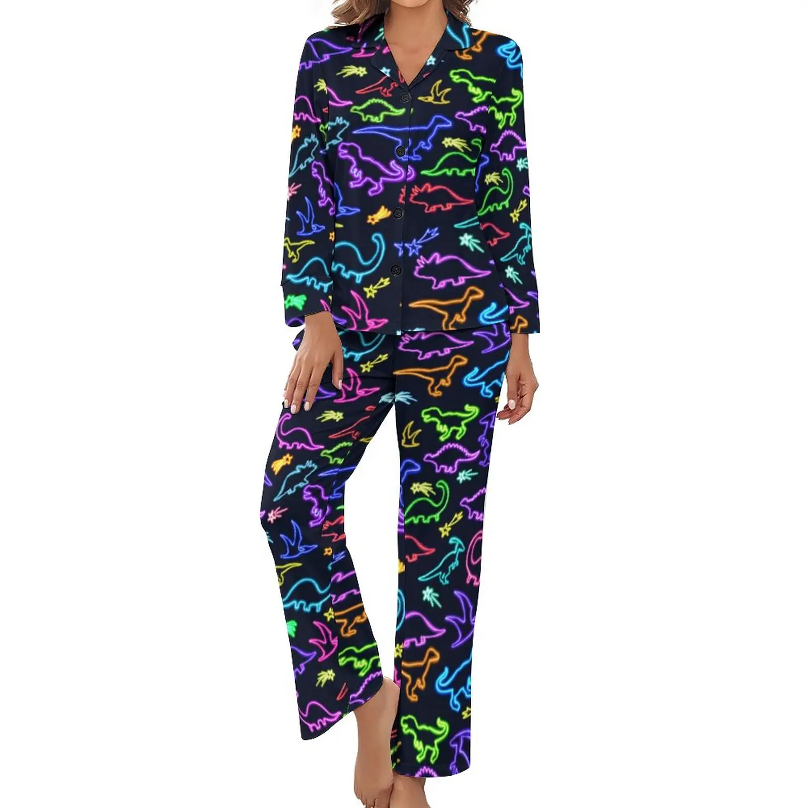 

Neon Dinosaur Print Pajamas Long Sleeve Colorful Lines 2 Pieces Casual Pajama Sets Spring Female V Neck Cute Home Suit