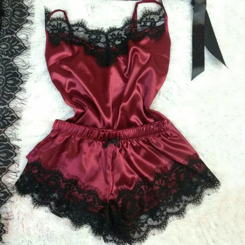 

Women's Sleepwear Sexy Satin Pajama Set Black Lace V-Neck Pyjamas Sleeveless Cute Cami Top and Shorts High Quality