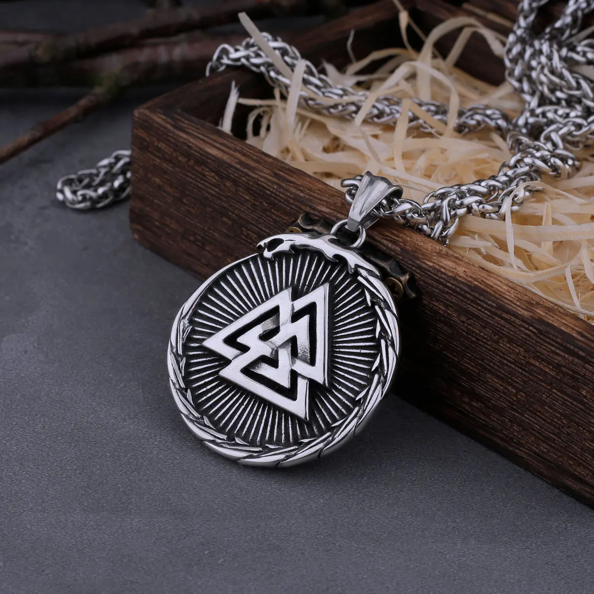 

Men's Stainless Steel Viking Self Devourer Ouroboros Dragon Necklace Norwegian Rune Valknut Amulet Never Fade Jewelry Wooden Box