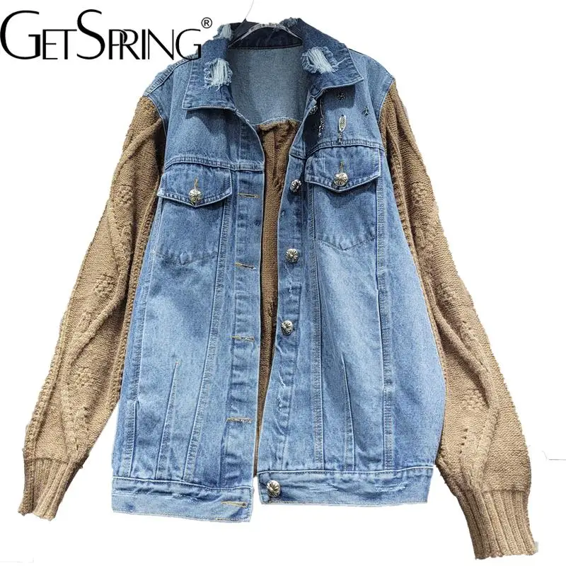 

Getspring Women Coat Knitting Patchwork Color Matching Irregular Denim Coats Asymmetrical Fashion Loose Autumn And Winter Coats