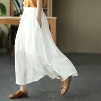 retro literary disc buckle split skirt womens 2022 summer lace elastic waist solid color elegant loose large swing skirts