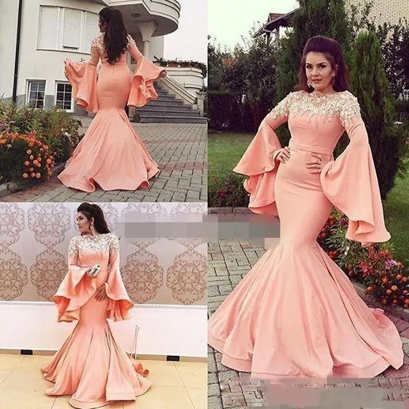

Arabic Style Mermaid Prom Dresses Long Sleeves Lace Appliques Evening Gowns Floor Length Dubai Party Dress