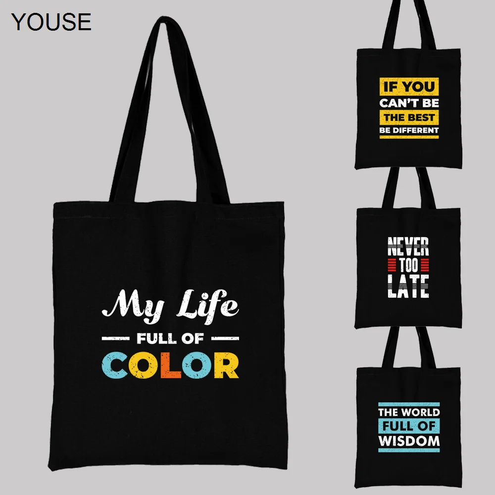 

YOUSE Shopping Bag Woman Black Canvas Tote Casual Reusable Inspirational Words Phrase Pattern Printed Shoulder Bag Handbag