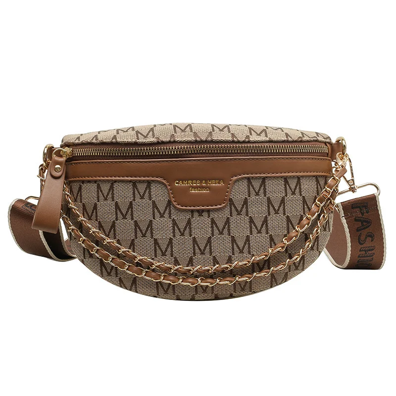 

Letter Plaid Printed Pattern Fanny Packs For Women Fashionable Chain Waist Bag Female Waist Pack Ladies Wide Strap Bag